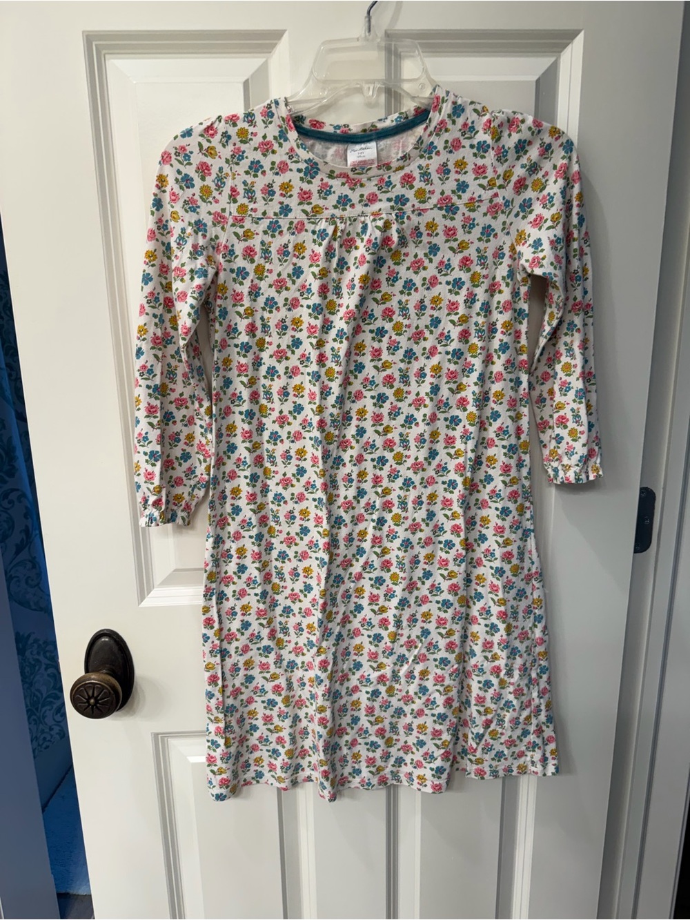 Mini Boden White Floral Long-Sleeve Nightgown with Pink, Blue, Yellow Flowers